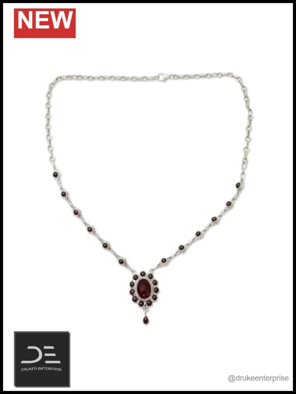 Sterling Silver Garnet Pendant Necklace Artisan Handmade 23 Red Stones 18.5